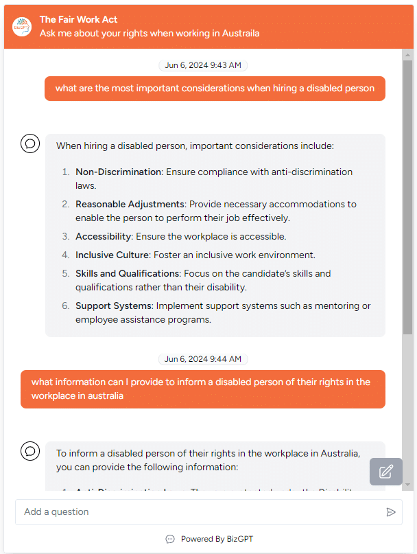 A BizBOT answering questions about the Fair Work Act from approved data