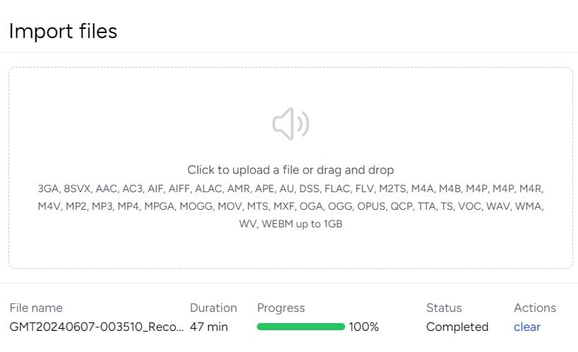 Echo import screen accepting audio and video files up to 1GB