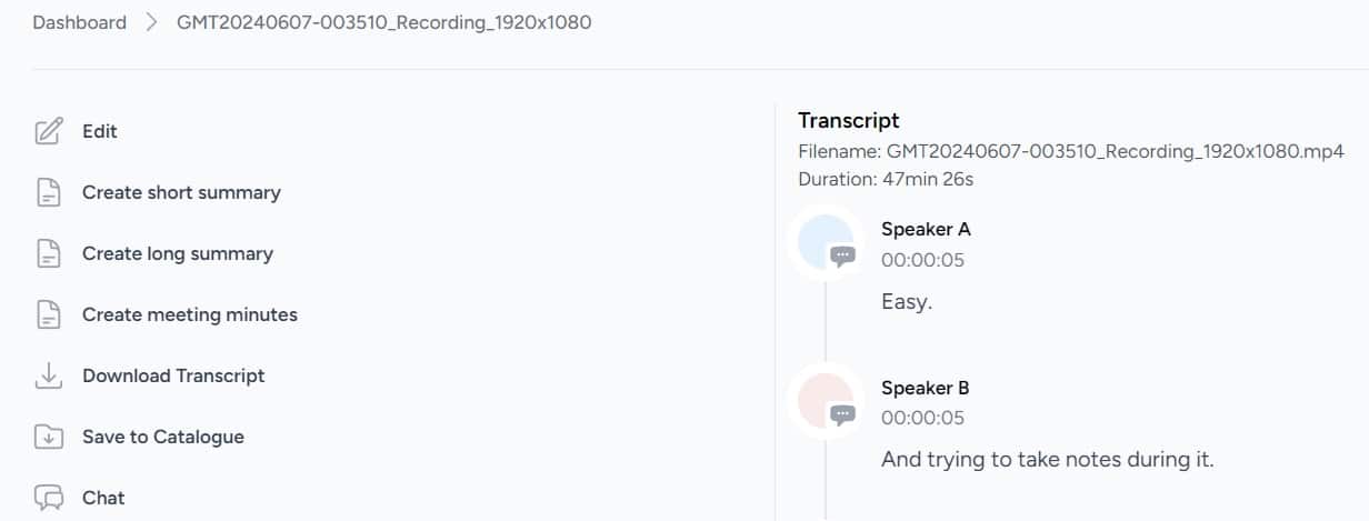 Echo transcript view with speaker labels and actions to create summaries and minutes